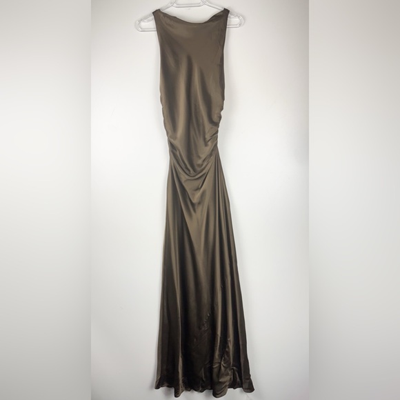NEW Reformation Backless Satin Dress in Olive - Picture 8 of 13
